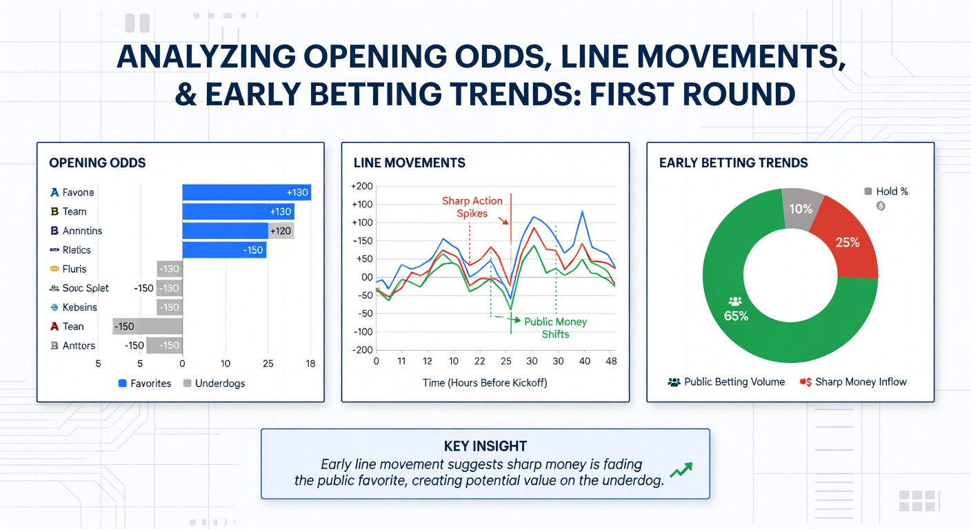 Close-up action shot of NBA players in playoff intensity, with overlaid odds boards showing line movements for Nuggets-Timberwolves and other series