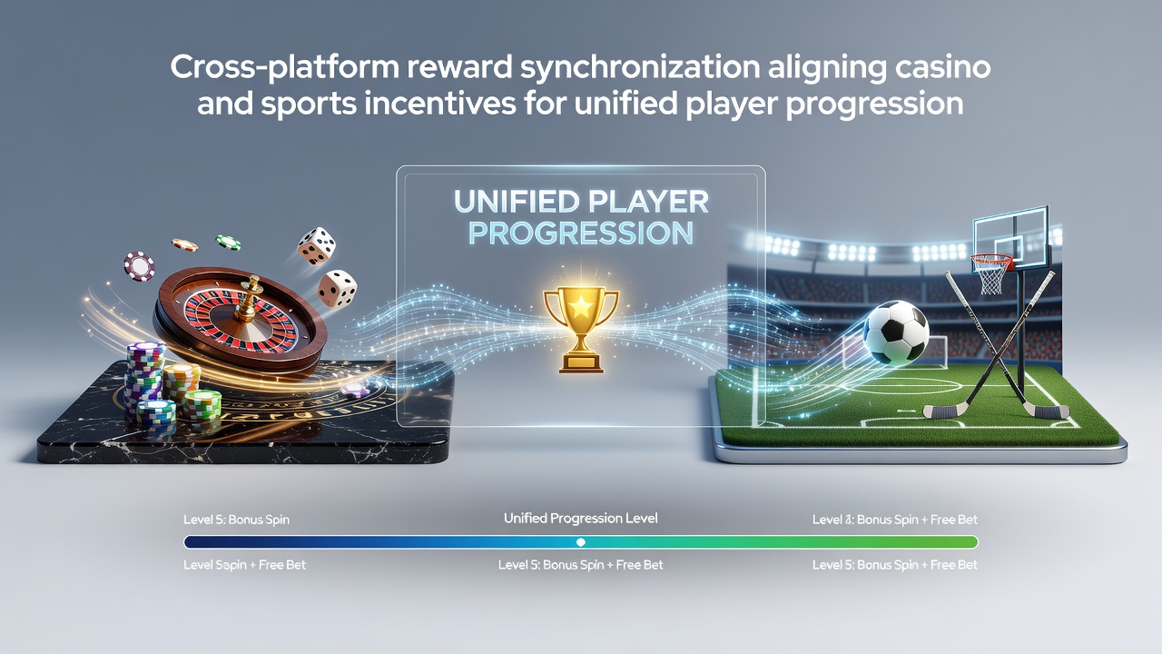 Illustration of synchronized casino and sports betting reward systems across multiple platforms showing unified player progression paths