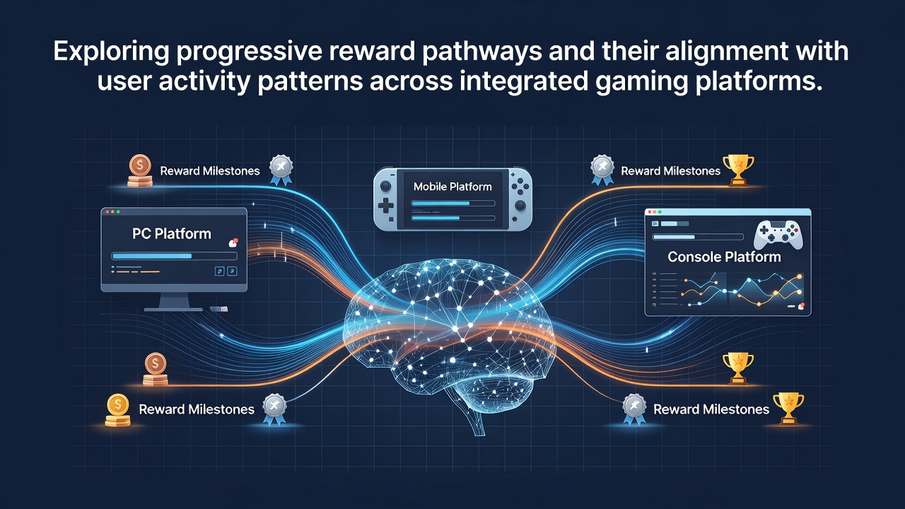 Visual diagram showing progressive reward pathways mapping onto user activity timelines across multiple gaming platforms