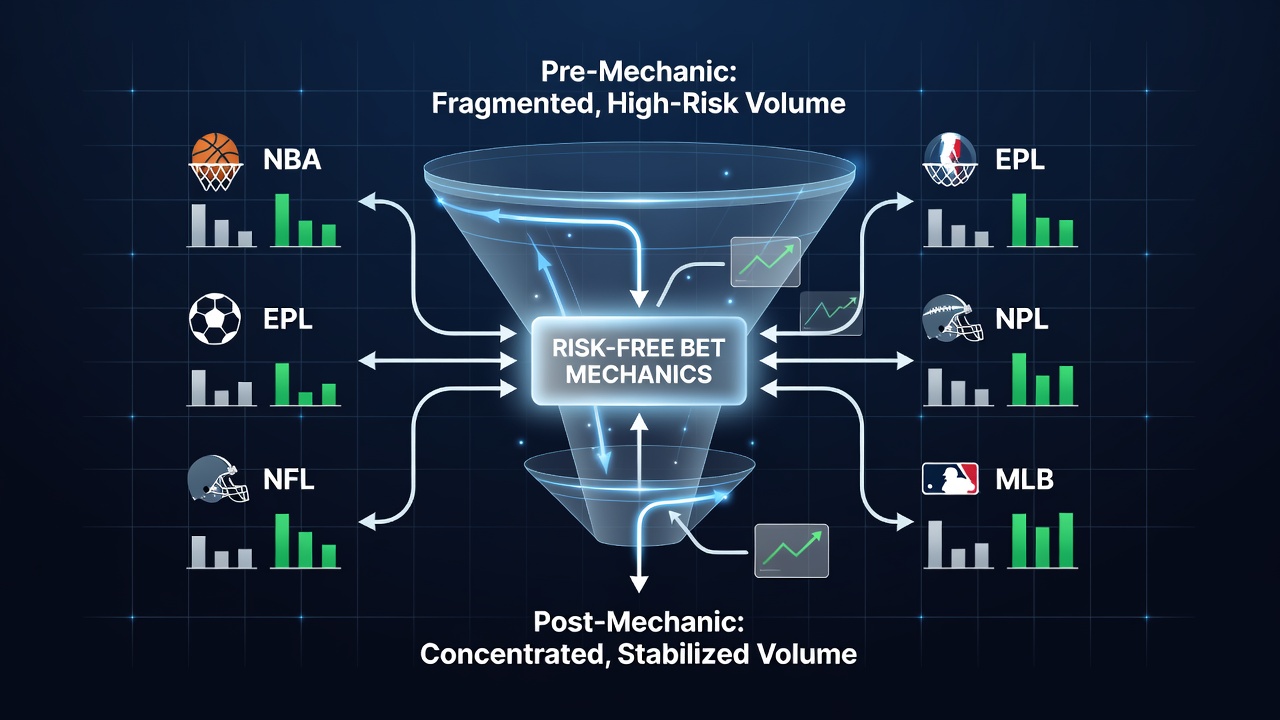 Graph illustrating volume redistribution in sports betting across competitive leagues due to risk-free bet offers