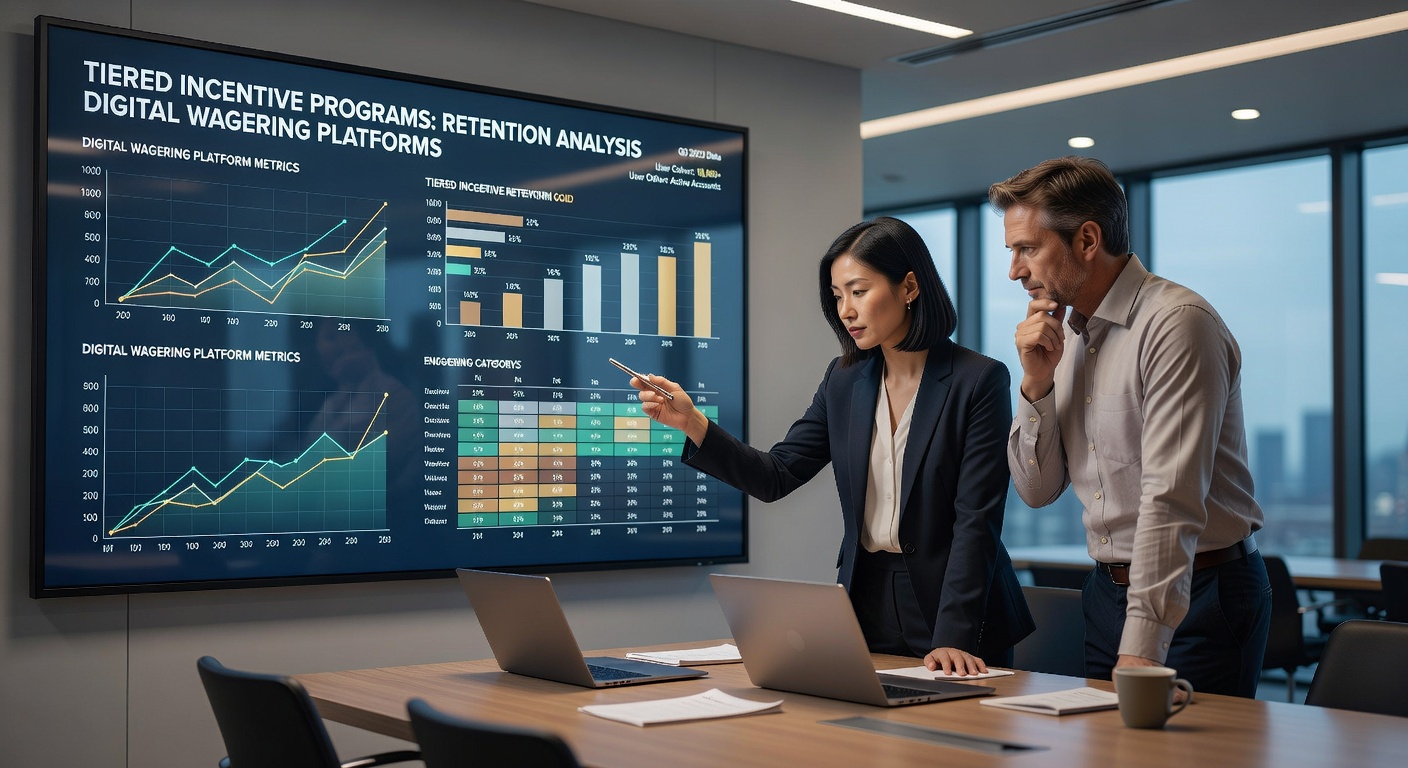 Digital wagering dashboard displaying tier progression charts and retention metrics from platform analytics