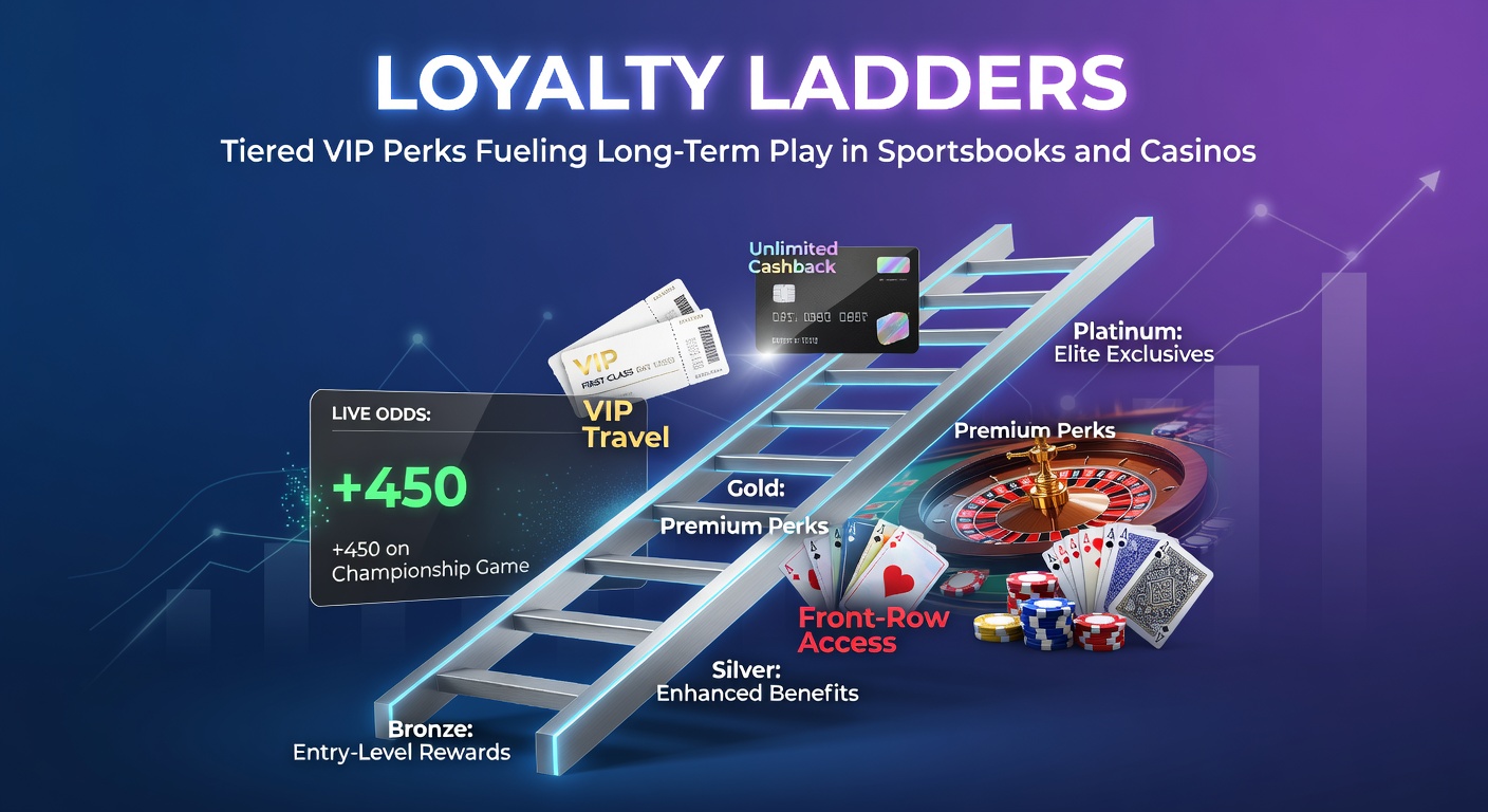 Visual representation of a loyalty ladder with ascending tiers offering escalating VIP rewards in a sportsbook setting