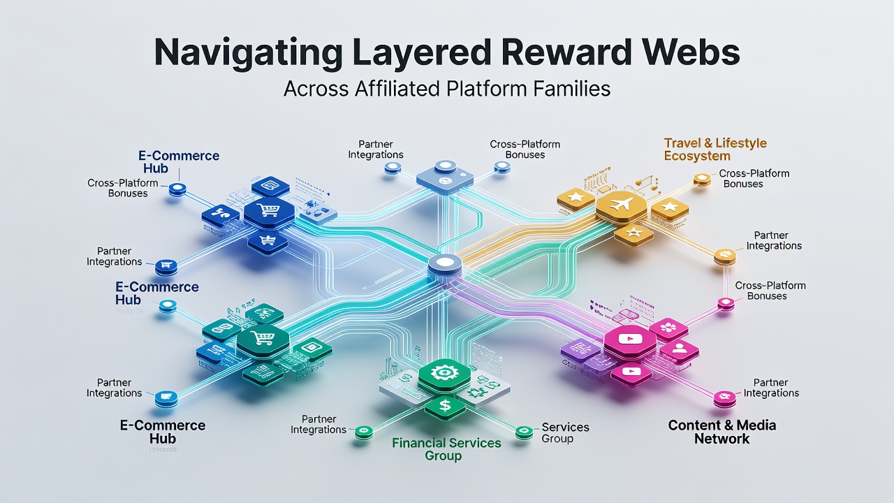 Diagram showing interconnected reward systems across multiple affiliated betting and casino platforms with layered bonus structures