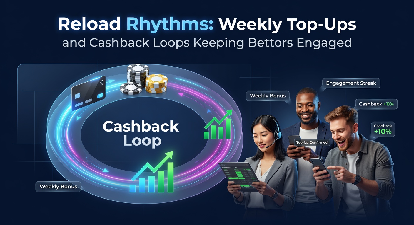 Graphic showing a calendar with weekly reload bonus icons and cashback cycles looping around a bettor's account dashboard