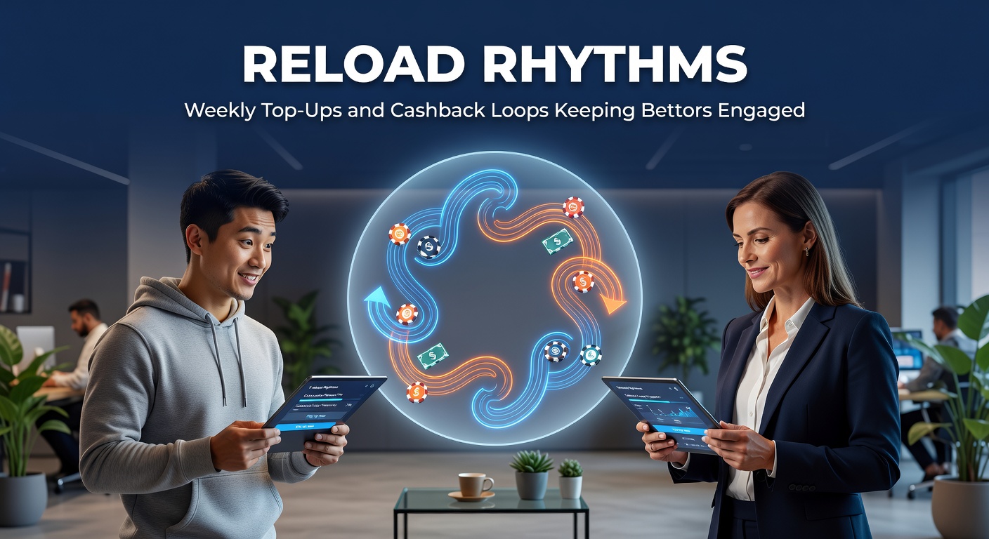 Illustration of a bettor's weekly cycle: deposit arrow into reload bonus, looping through bets to cashback refund, repeating seamlessly