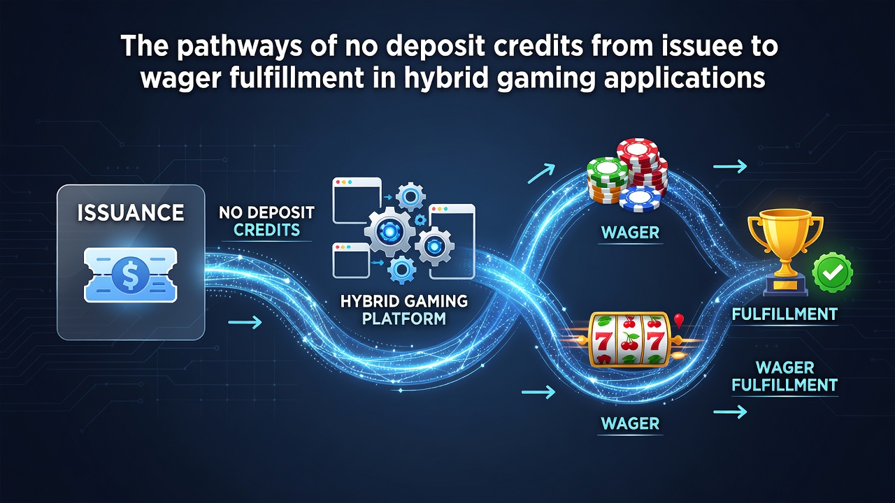 Diagram showing the flow of no deposit credits through hybrid gaming platforms from issuance to fulfillment