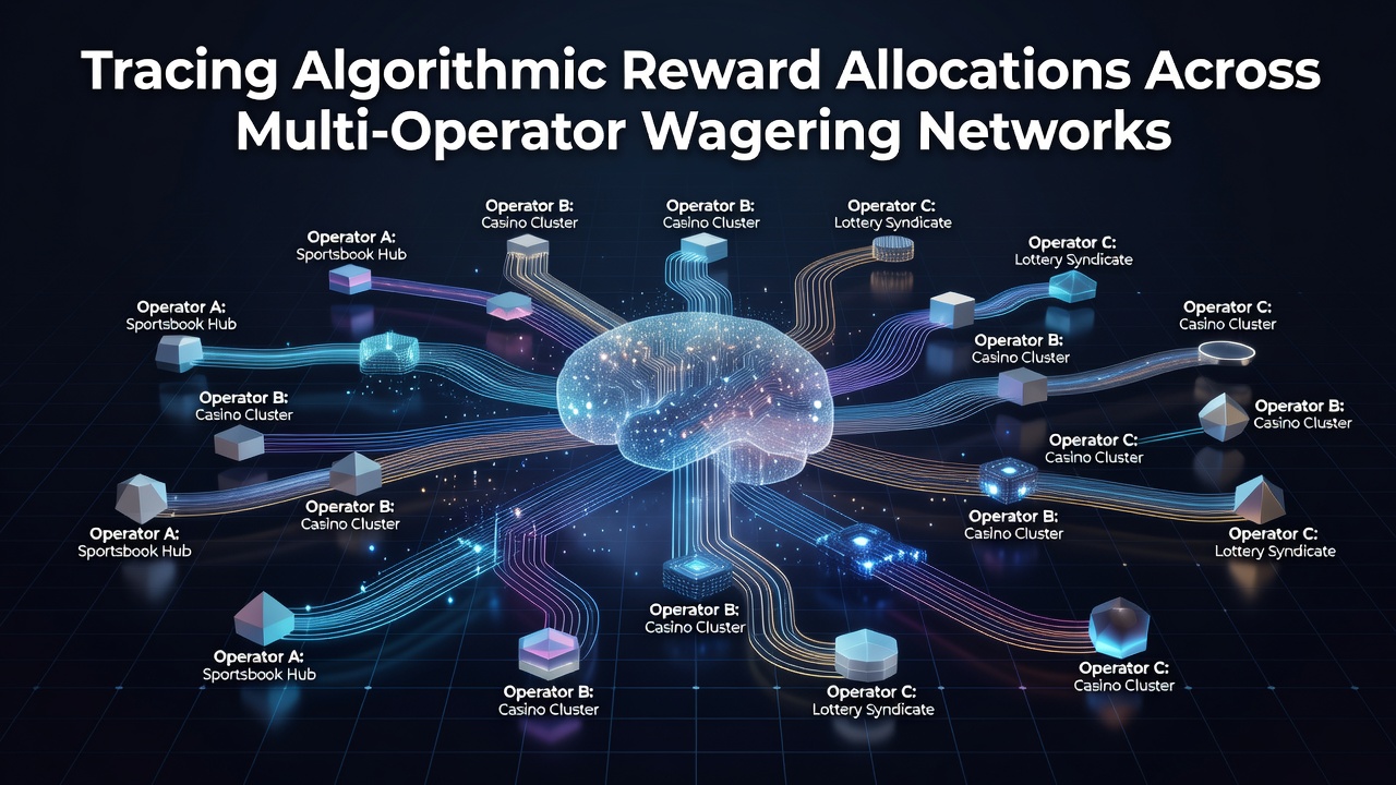Diagram showing interconnected nodes in a multi-operator wagering network with reward flow paths highlighted