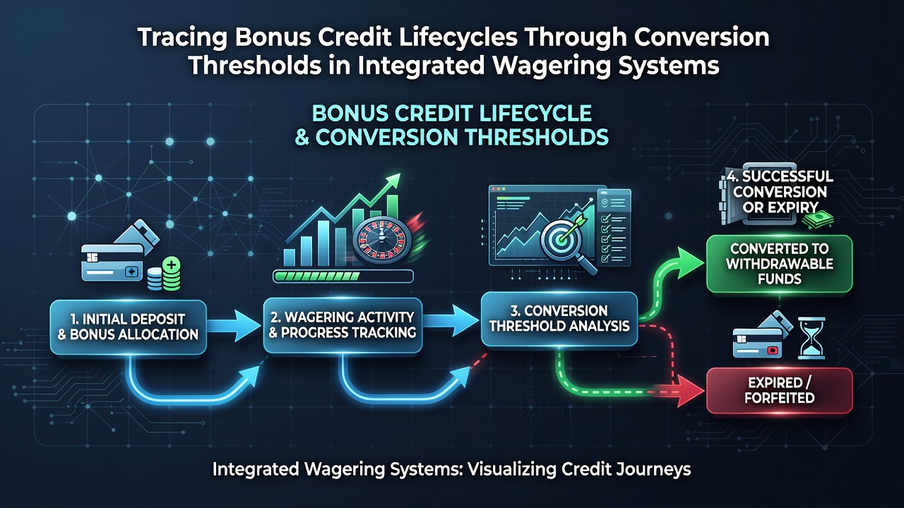 Diagram showing the flow of bonus credits through wagering thresholds in digital betting platforms