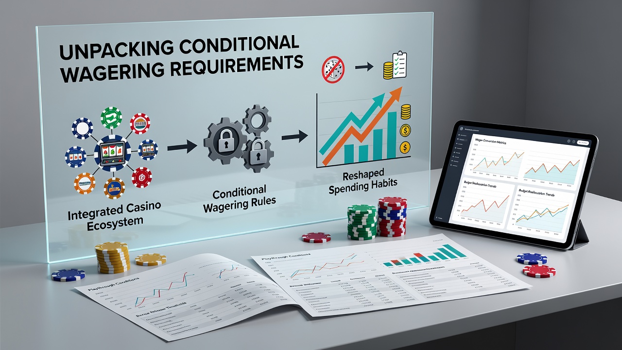 Player analytics screen displaying spending patterns and wagering requirement completion rates over time